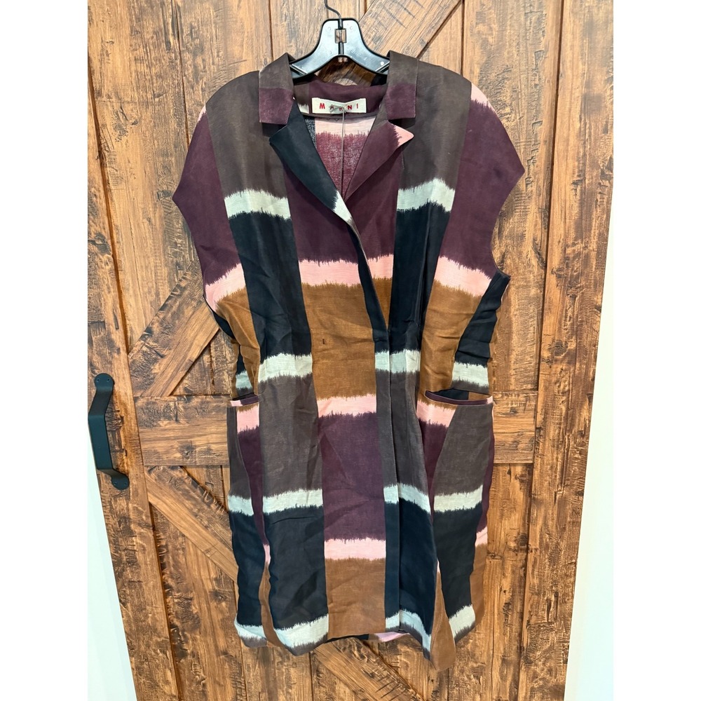 Marni Silk Duster Coat Women's IT 40 Multicolor Pockets Sleeveless Notch Lapel